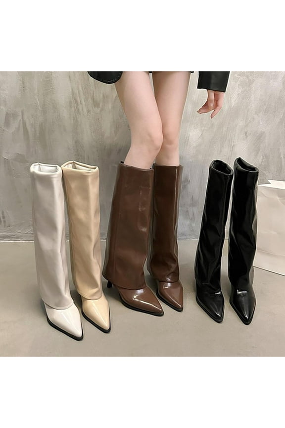 Women's Stiletto Heel Knee High Boots Square Toe Slip On Fold Over Boots for Women Leather Comfortable Dress Tall Boots Khaki 9(42)