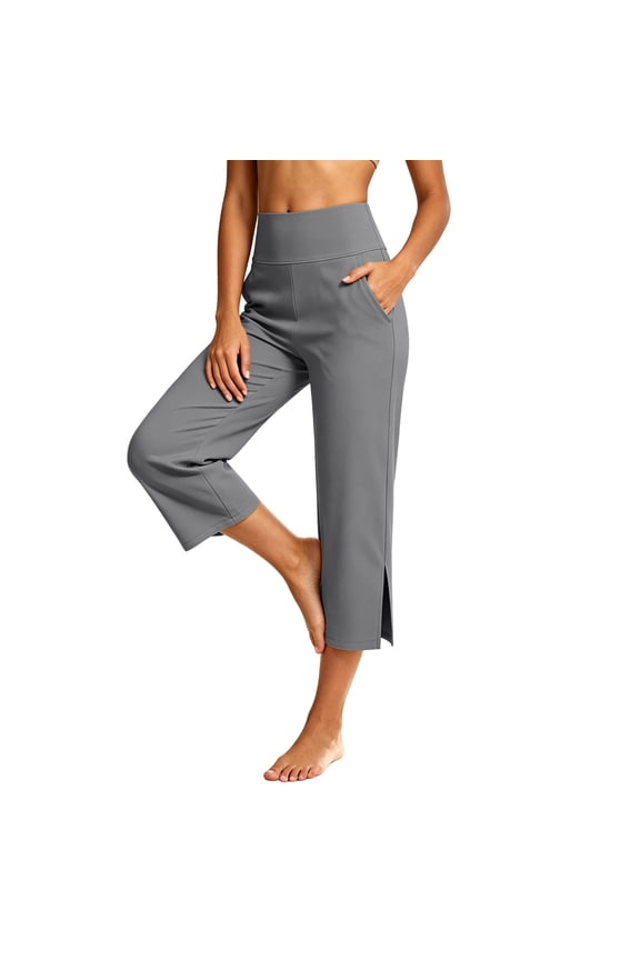 Women's Straight Leg Capri Pants Pull on Elastic Waistband Yoga Workout Casual Cropped Trousers with Pockets Comfy Hem Slit Hiking Capris Gray