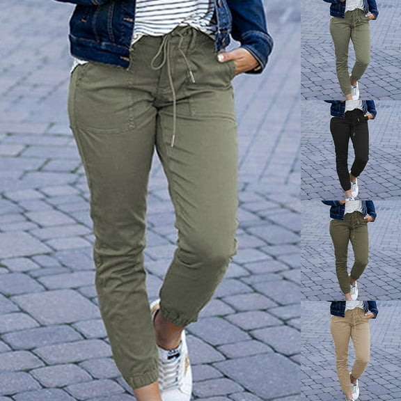 Miluxas Women's Straight Leg Long Pants Elastic Waist Drawstring Casual Trousers with Pockets Khaki 10(XL)