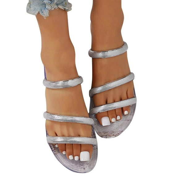 Miluxas Women's Strappy Sandals Rhinestone Glitter Flat Sandals Sequin Slide Sandals Silver