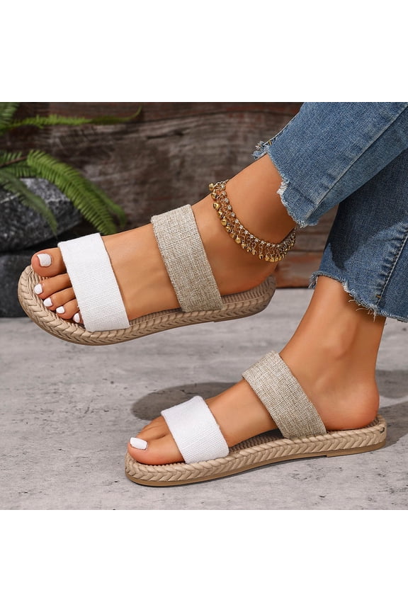 Women's Straw Beach Sandals Woven Flat Sandals Open Toe Bohemian Vacation Slide Shoes Khaki 6(37)