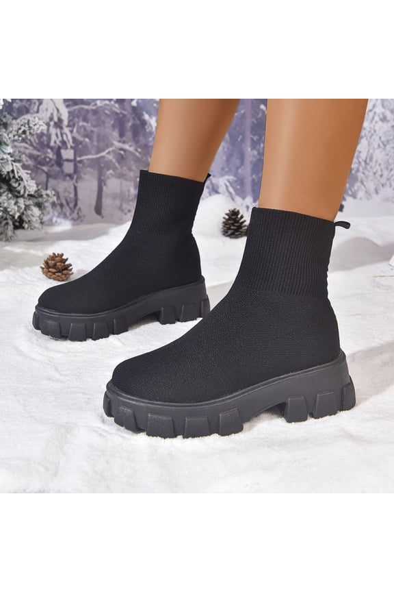 Women's Stretch Knit Boots Block Heels Socks Boots Platform Chelsea Boots Elastic Mid Heel Slip-on Chunky Heel Lug Sole Non-Slip Sock Booties Black 5.5(36)