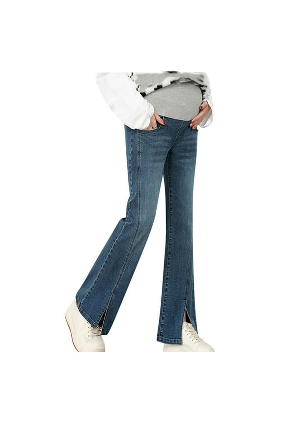 Women's Stretch Maternity Bootcut Jeans Over the Belly Bell Bottoms Flare Denim Pants Pregnancy Clothes Blue 16-18(XL)