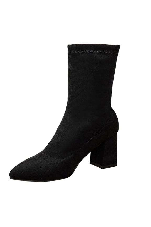 Women’s Stretch Suede Pointed Toe Ankle Boots, Chunky Block Heel Short Booties, Slim Fit Fall Winter Dress Boots Black 5.5(36)