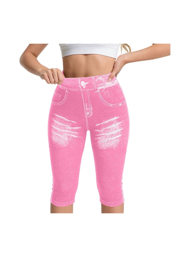 Women's Stretchy Faux Denim Capri Pants High Waist Distressed Pull On Leggings Knee Length Summer Casual Pants Pink