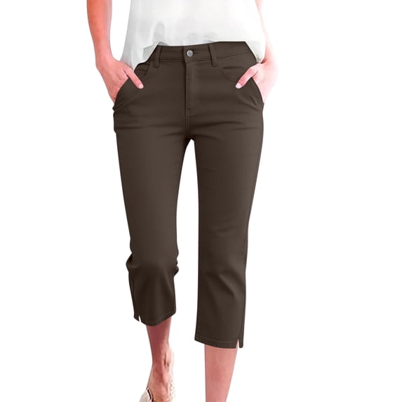Miluxas Women's Stretchy Slit Hem Capri Pants Slim Fit Mid Rise Button Zip Solid Casual Capris with Pockets for Summer office Daily Wear Brown