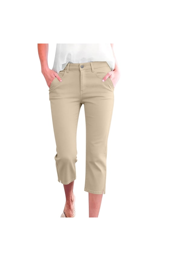 Women's Stretchy Slit Hem Capri Pants Slim Fit Mid Rise Button Zip Solid Casual Capris with Pockets for Summer office Daily Wear Khaki