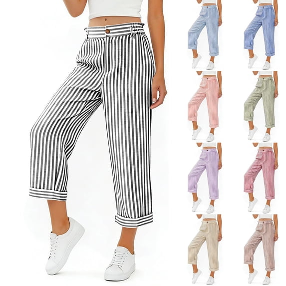Miluxas Women's Striped Print Wide Leg Pants High Waist Cuffed Hem Cropped Trousers with Pockets Summer Casual Street Pants Red