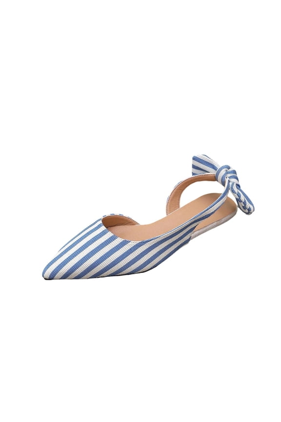 Women's Striped Slingback Flats, Pointed Toe Bow Back Slip-On Shoes, Casual Summer Ballet Flats for Work, office, Everyday & Versatile Wear Sky Blue 9(42)