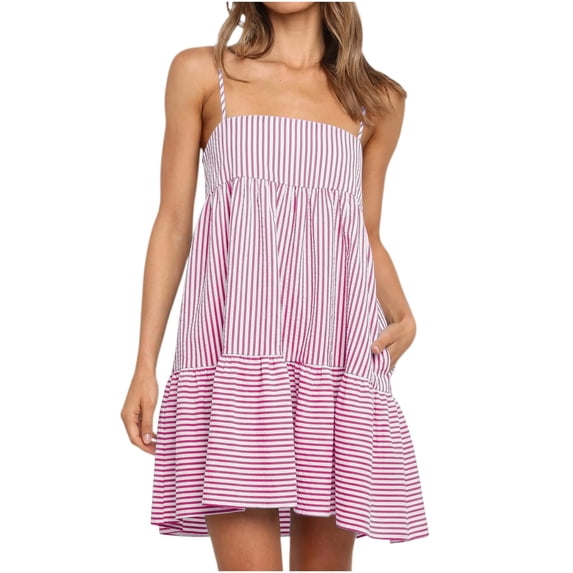 Miluxas Women's Striped Spaghetti Strap Tiered Mini Dress Square Neck Ruffle Hem Casual Swing Dress with Pockets Summer Beach Vacation Outfits Pink