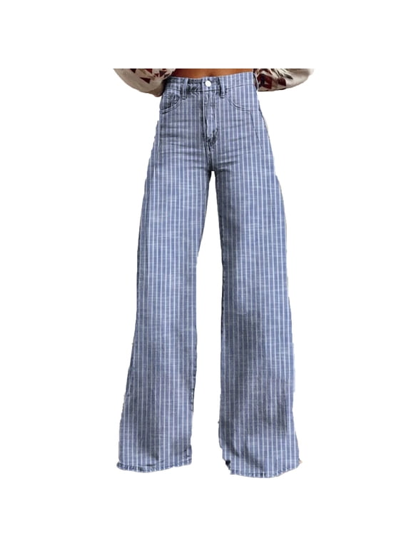 Miluxas Women's Striped Wide Leg Jeans High Waisted Button Stretchy Straight Leg Jeans Loose Trendy Imitation Denim Pants with Pocket Blue 4(S)