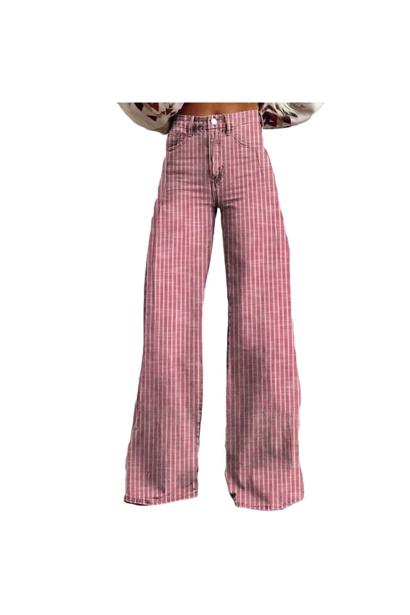 Women's Striped Wide Leg Jeans High Waisted Button Stretchy Straight Leg Jeans Loose Trendy Imitation Denim Pants with Pocket Pink 4(S)