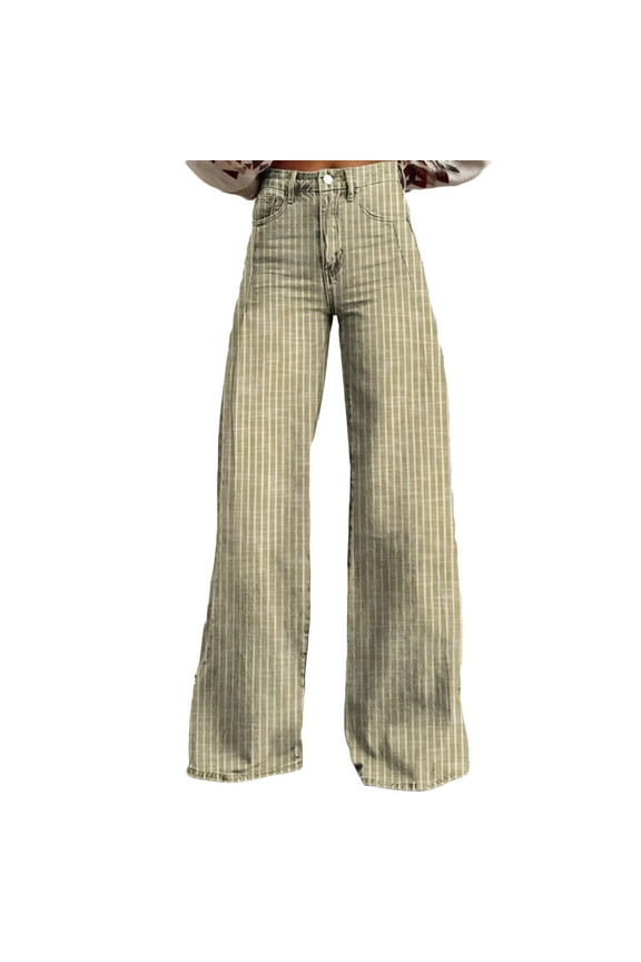 Women's Striped Wide Leg Jeans High Waisted Button Stretchy Straight Leg Jeans Loose Trendy Imitation Denim Pants with Pocket Yellow 12(XXL)