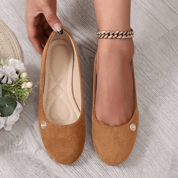 Miluxas Women's Suede Ballet Flats, Elegant Round Toe Slip-On Shoes with Gold Emblem, Stylish Comfort Flats for Work & Casual Occasions Brown 9(42)