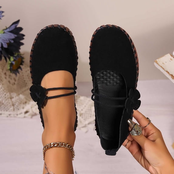 Miluxas Women’s Suede Floral Mary Jane Flats, Hand Stitched Soft Slip On Walking Loafers, Thin Elastic Strap Casual Moccasins Black 6(37)