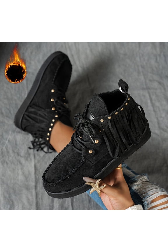 Women's Suede Fringe Ankle Boots Round Toe Flats,Classic Vintage Slip On Low Heel Western Short Boots Dress Booties Black 9(42)