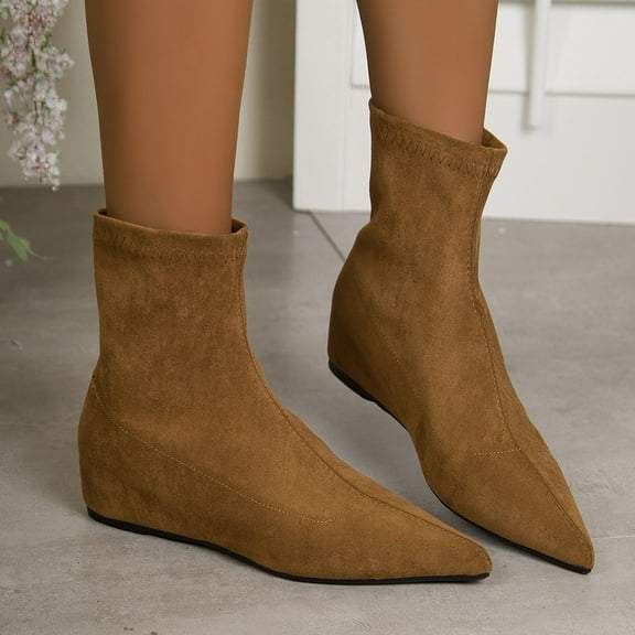 Miluxas Women's Suede Spring Fall Classic Flat Dress Ankle Boots Retro Pointed Toe Invisible Height Increasing Wedge Casual Short Booties Brown 7(39)