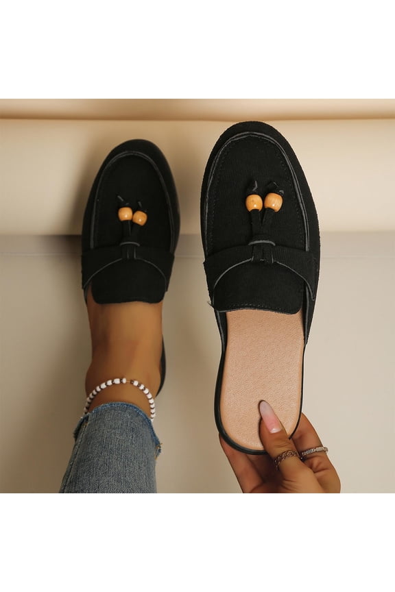 Women's Suede Tassel Dress Mules Retro Fashion Round Toe Anti-Slip Low Heel Slip On Clog Slippers Casual Backless Flat Loafers Black 6(37)