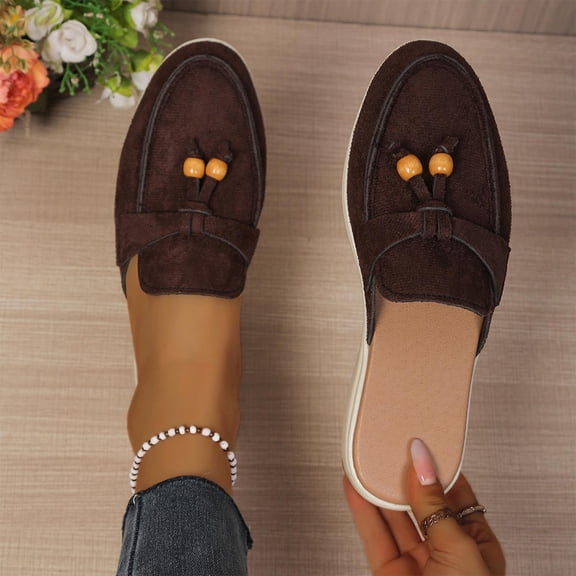 Miluxas Women's Suede Tassel Dress Mules Retro Fashion Round Toe Anti-Slip Low Heel Slip On Clog Slippers Casual Backless Flat Loafers Coffee 7(39)