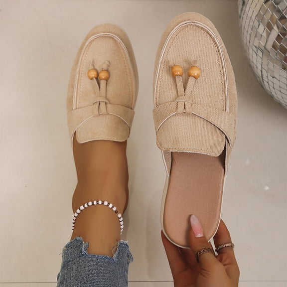 Miluxas Women's Suede Tassel Dress Mules Retro Fashion Round Toe Anti-Slip Low Heel Slip On Clog Slippers Casual Backless Flat Loafers Khaki 6.5(38)