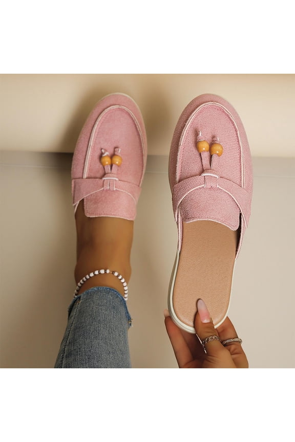 Women's Suede Tassel Dress Mules Retro Fashion Round Toe Anti-Slip Low Heel Slip On Clog Slippers Casual Backless Flat Loafers Pink 6.5(38)