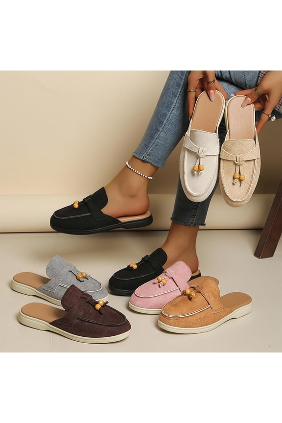 Women's Suede Tassel Dress Mules Retro Fashion Round Toe Anti-Slip Low Heel Slip On Clog Slippers Casual Backless Flat Loafers White 9.5(43)