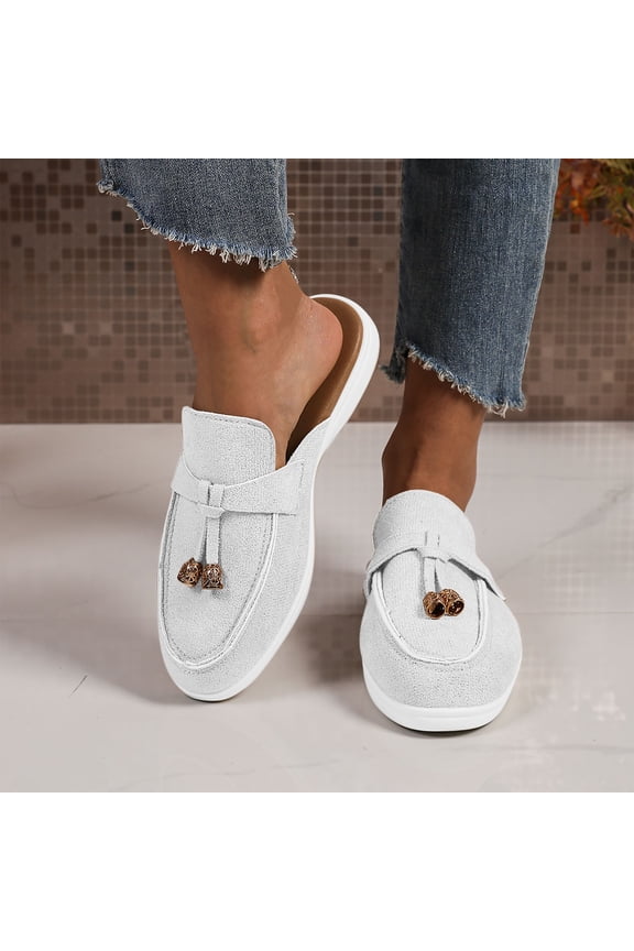 Women's Suede Tassel Dress Mules Retro Round Toe Anti-Slip Low Heel Slip On Clog Slippers Casual Backless Flat Loafers Beige 7(39)