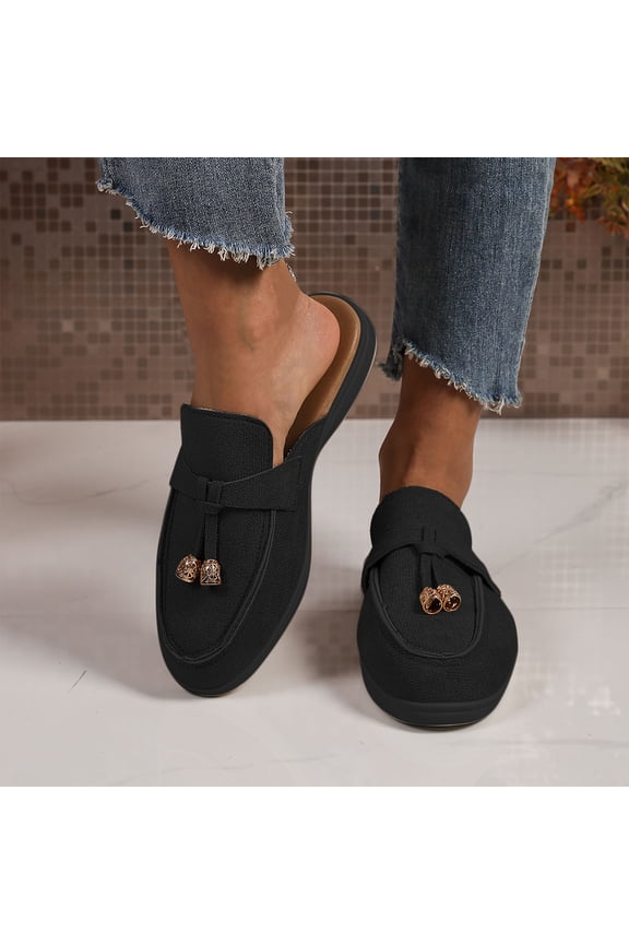 Women's Suede Tassel Dress Mules Retro Round Toe Anti-Slip Low Heel Slip On Clog Slippers Casual Backless Flat Loafers Black 5.5(36)