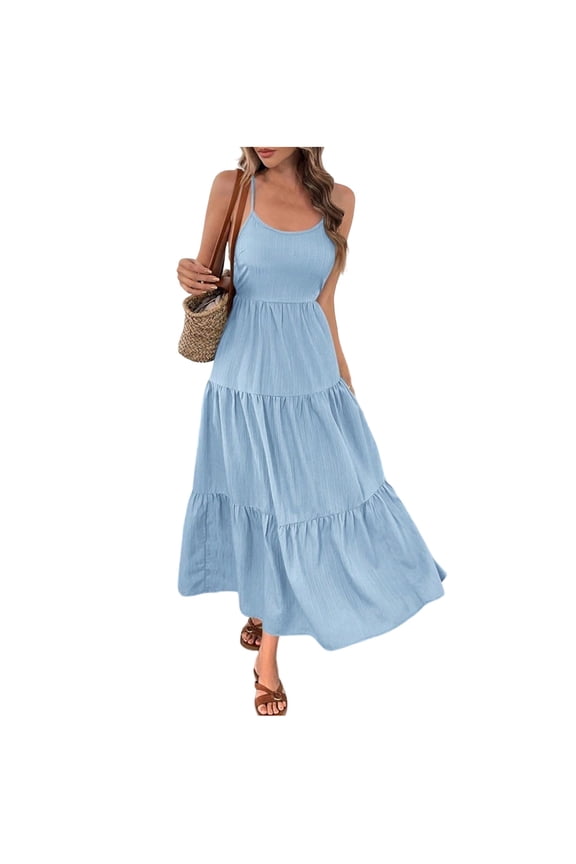 Women's Summer Beach Sling Sundress Back Beautiful with Big Bow Cake Ruffle Long Dress Waist Cinching Camisole Dress Blue