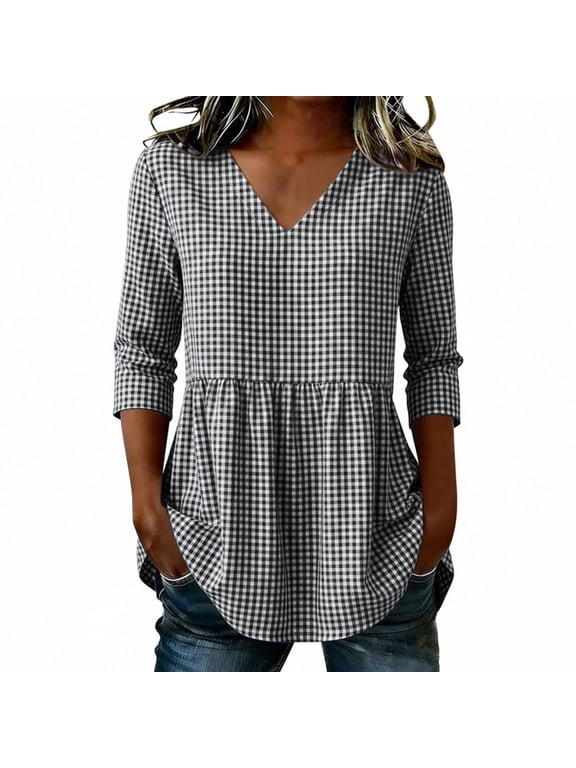 Women's Summer Blouse Gingham Print V Neck 3/4 Sleeve Peplum Blouse Loose Fit Business Casual Plaid Tunic Top for Daily Wear Black