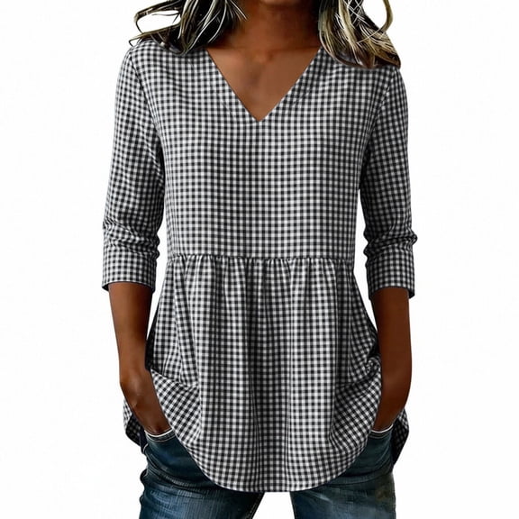 Miluxas Women's Summer Blouse Gingham Print V Neck 3/4 Sleeve Peplum Blouse Loose Fit Business Casual Plaid Tunic Top for Daily Wear Black
