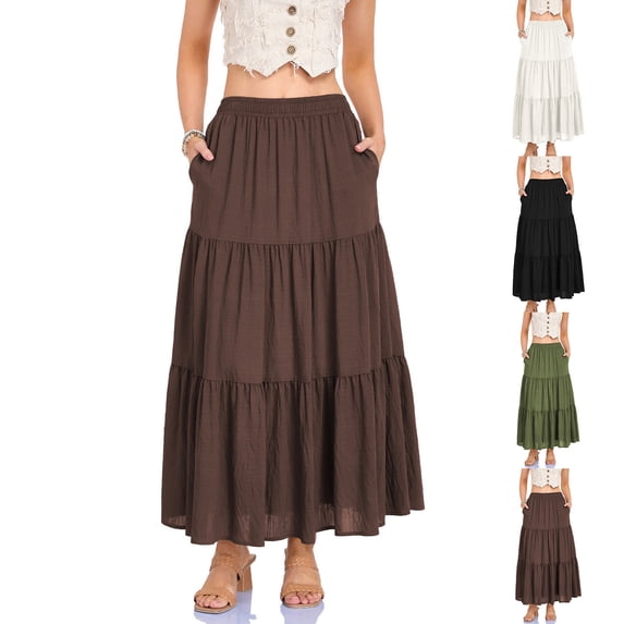Miluxas Women's Summer Boho Maxi Skirt A-Line Flowy Ruffle Tiered Elastic High Waist Beach Long Skirts with Pockets White