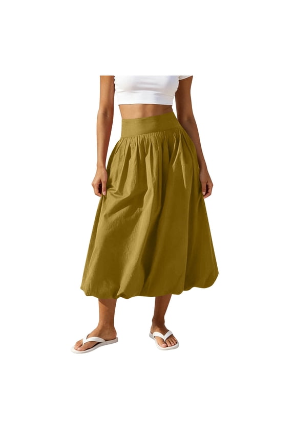 Women's Summer Bubble Maxi Skirt Elastic High Waist Puffy Hem A-Line Lantern Skirt Cute Y2K Going Out Skirts with Pockets Green