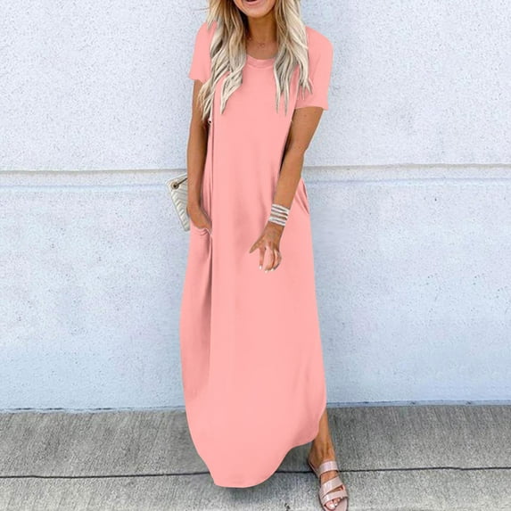 Miluxas Women's Summer Casual Lounge Long Dress Elegant Short Sleeve Crew Neck Bodycon Maxi Dresses Clearance Pink 8(L)
