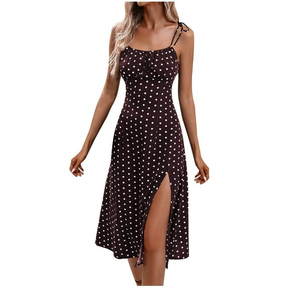Miluxas Women's Summer Casual Square Neck Dress Clearance Polka Dot Sleeveless High Waist A-line Sundress Midi Dresses Coffee M(M)