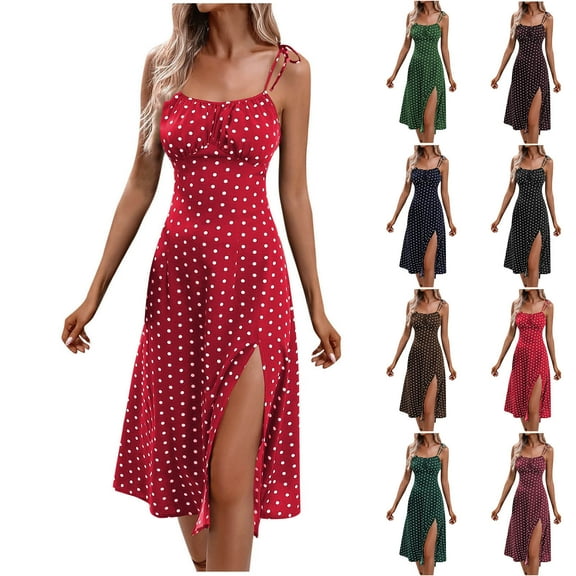 Miluxas Women's Summer Casual Square Neck Dress Polka Dot Sleeveless High Waist A-line Sundress Midi Dresses Red XL(XL)