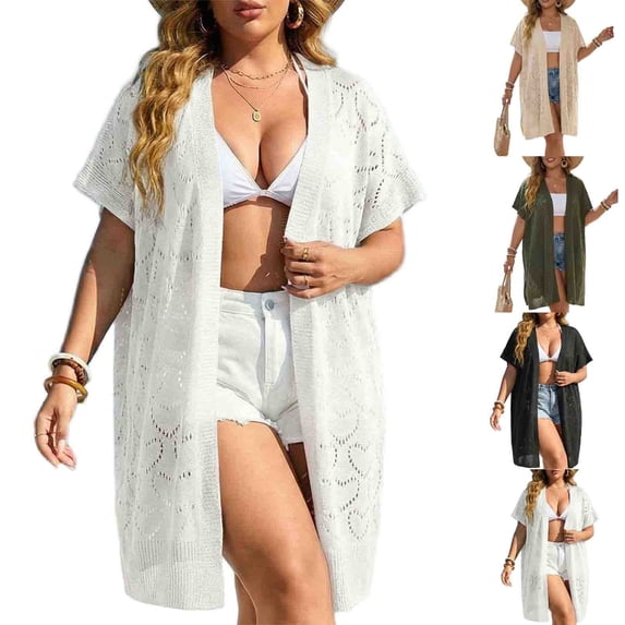 Miluxas Women's Summer Crochet Lightweight Cardigan Long Sleeve Boho Loose Fit Open Front Sweater Tops White