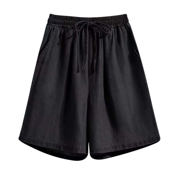 Miluxas Women's Summer Denim Shorts Waist Elastic Drawstring Wide Leg Shorts Casual Hot Pants with Pockets Black
