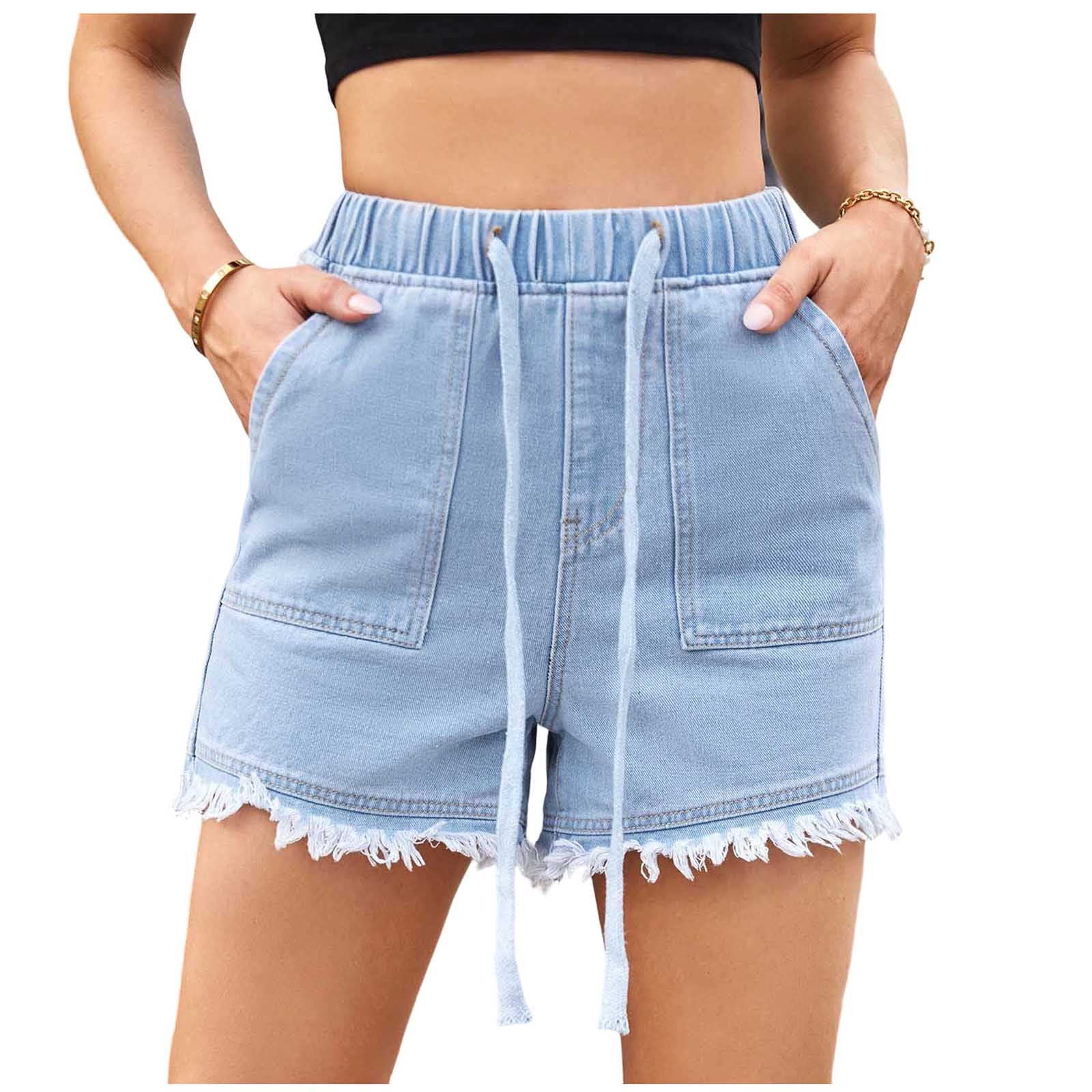Miluxas Women's Summer Frayed Hem Denim Shorts Drawstring High