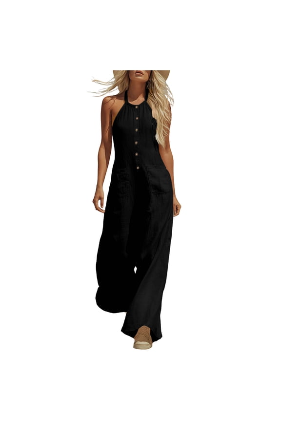 Women's Summer Jumpsuit Halter Neck Backless One Piece Outfit Casual Dressy Sleeveless Wide leg Pants Romper with Patch Pockets Black