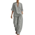 thumbnail image 1 of Miluxas Women's Summer Lightweight 2 Piece Outfits Loose Fit V Neck Short Sleeve Blouse and High Waist Wide Leg Pants Casual Set Gray, 1 of 7