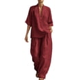thumbnail image 1 of Miluxas Women's Summer Lightweight 2 Piece Outfits Loose Fit V Neck Short Sleeve Blouse and High Waist Wide Leg Pants Casual Set Wine, 1 of 7