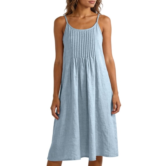 Miluxas Women's Summer Lightweight Dresses Pleated Front Solid Sleeveless Midi Dresss Spaghetti Strap Scoop Neck Beach Vacation Flowy Sundress Light Blue