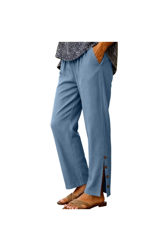 Women's Summer Pants Comfy Elastic High Waist Straight Leg Pants Crinkle Textured office Casual Trousers with Side Slit & Pockets Navy