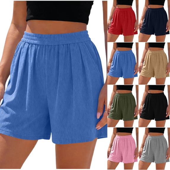 Miluxas Women's Summer Ribbed Knit Wide Leg Shorts Pleated Elastic High Waist Solid Casual Shorts with Pockets for Beach Outings Red
