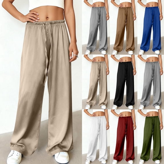 Miluxas Women's Summer Satin Silk Pants Casual Drawstring Waist Pants Flowy Swing Beach Vacation Wide Leg Pants White