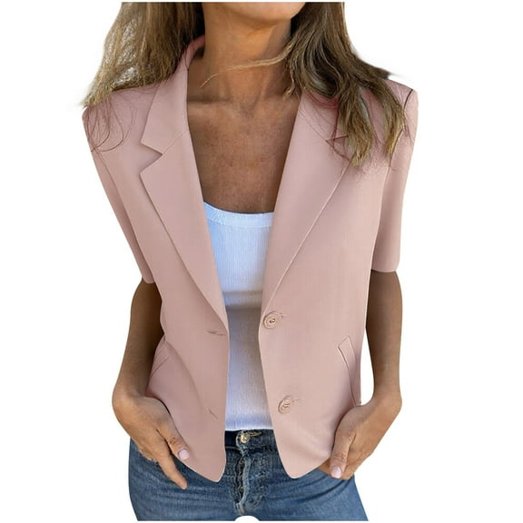 Miluxas Women's Summer Short Sleeve Blazer Jacket Lightweight Business Casual Fashion Suit Pink L(L)