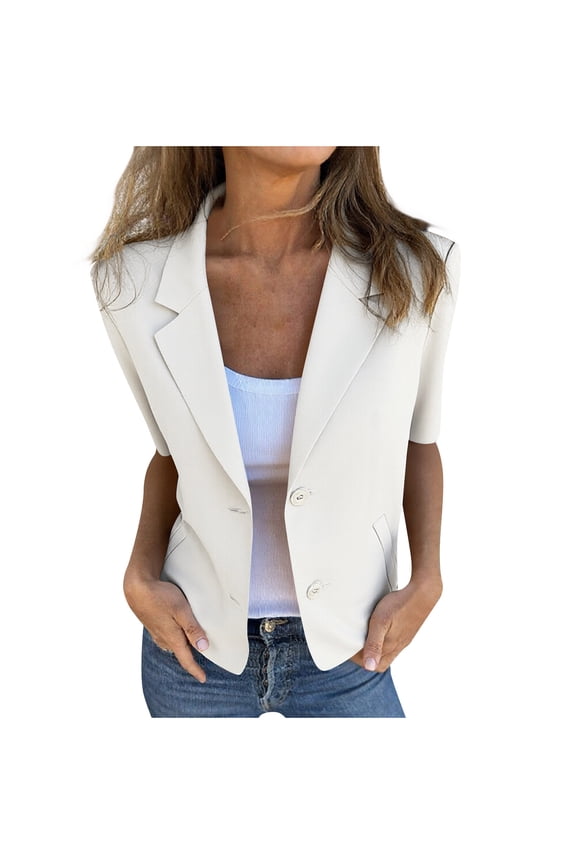Women's Summer Short Sleeve Blazer Jacket Lightweight Business Casual Fashion Suit White L(L)