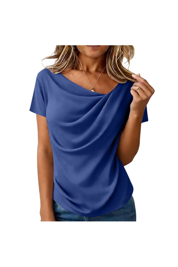Women's Summer Short Sleeve Business Casual Tops Cowl Neck Shirts Spring Work Dressy Blouses Blue XL(XL)