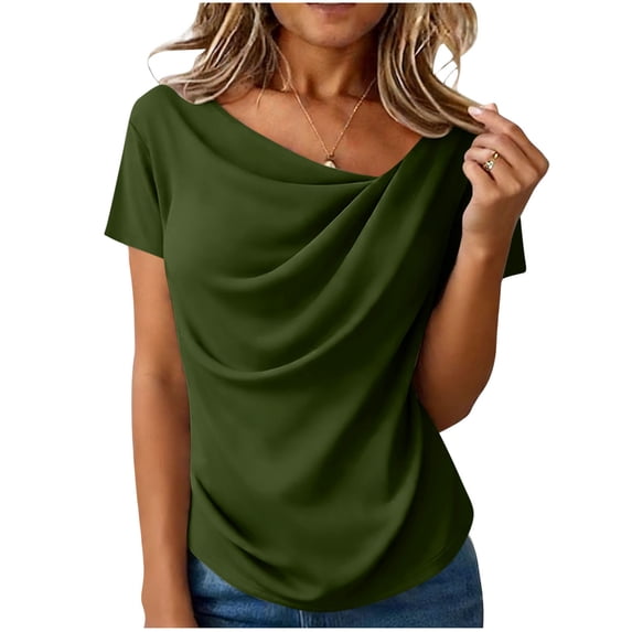 Miluxas Women's Summer Short Sleeve Business Casual Tops Cowl Neck Shirts Spring Work Dressy Blouses Green L(L)